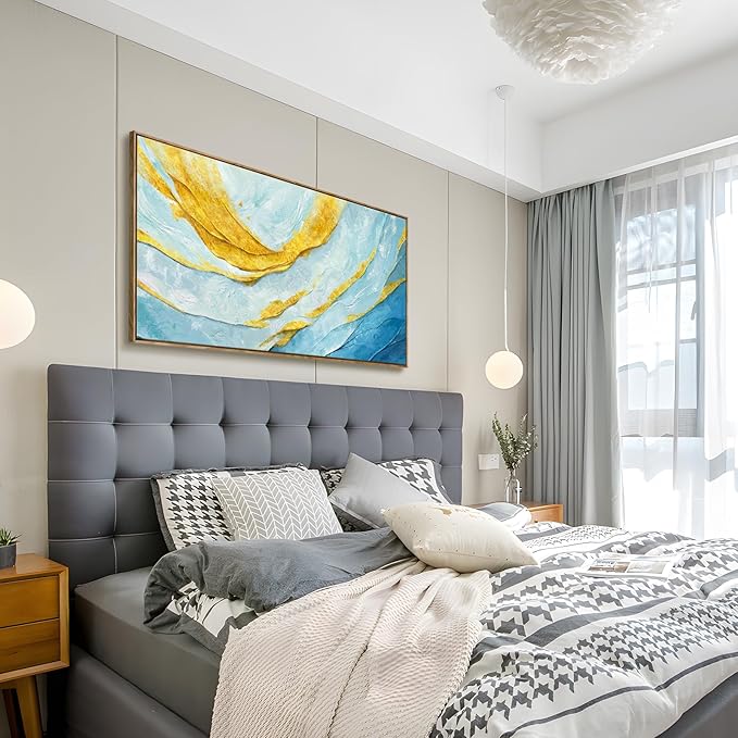 Nicetop Framed Abstract Wall Art for Living Room– Large Size Coastal Canvas Print Modern Picture Horizontal Blue and Gold Artwork with Wood Frame for Bedroom Home Office Aesthetic Decor 48x24 Inch