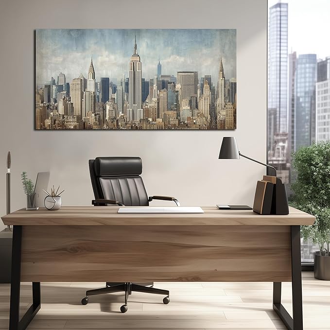 Modern City Wall Art for Living Room Large New York Skyline Canvas Wall Decor for Office Bedroom Apartment Wall Decoration Ready to Hang 29 x 58 Inch