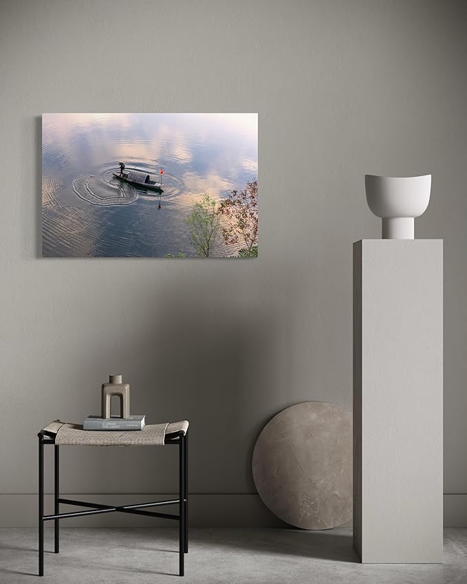 Oriental Beauty: Stunning Feng Shui Landscape Wall Art Prints for Home Decor in 3 Sizes (Silent Waters: Traditional Boatman at Dawn, 12" x 18")