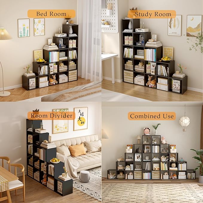 Ladder Cube Storage Bookcase - Wooden L-Shaped 5-Tier Corner Shelf, Reversible 15-Cube Organizer for Home & Office, Black