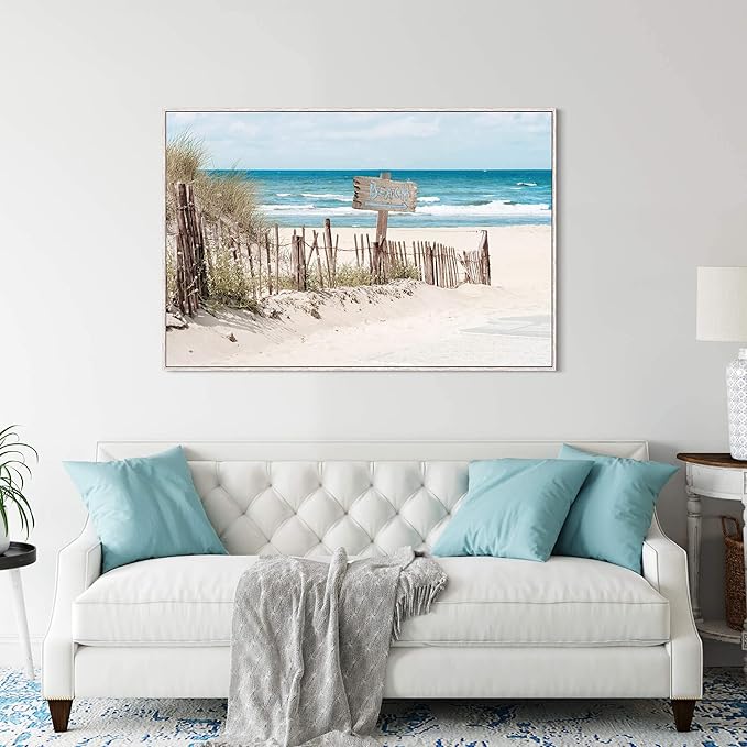 Ocean Wall Art Canvas Decor: Large Beach Coastal Scene Framed Artwork Sea Wave Seascape Painting Seaside Seashore Landscape Print for Living Room Bedroom Home Decorations 48 x 32 Inch