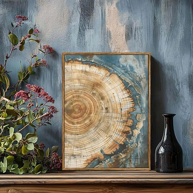 BingruiArt Framed Tree Ring Canvas Wall Art Abstract Wood Wall Decor Boho Modern Colorful Nature Painting Wood Stump Prints Pictures for Living Room Bedroom Bathroom Office 12"x16" Natural Framed(08)