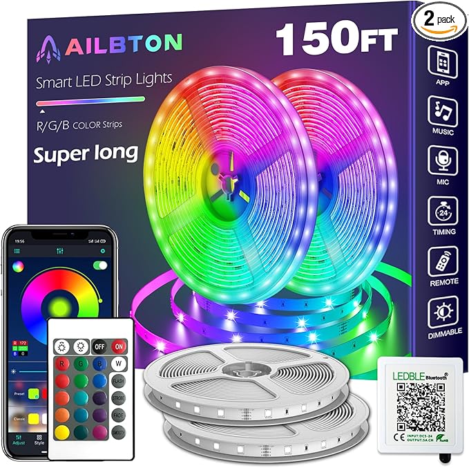 AILBTON 150ft Led Strip Lights(2 Rolls of 75ft led Lights) Ultra Long Led Light Strip with App Voice Control Remote,5050 RGB Music Sync Color Changing Led Lights for Bedroom,Party,Home Decoration