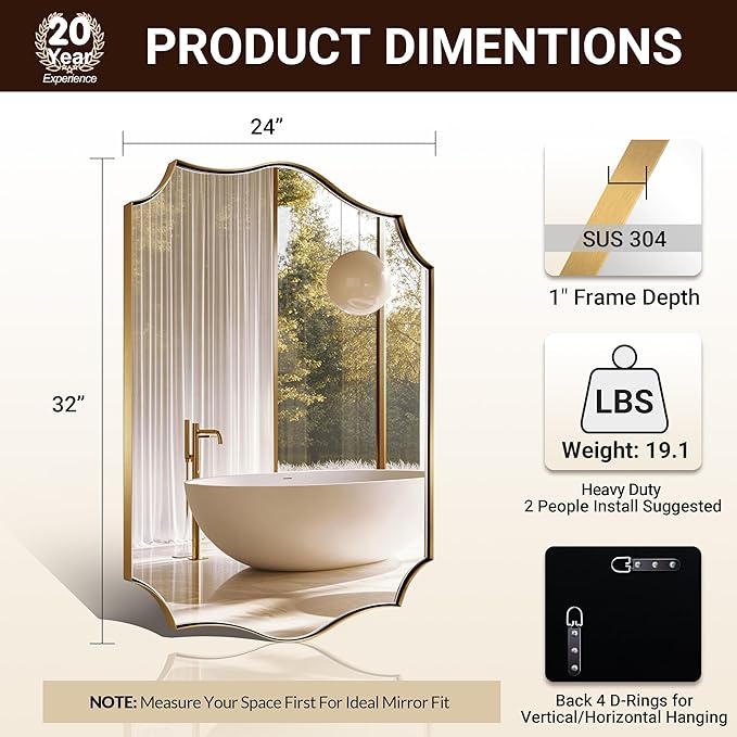 ANDY STAR Gold Mirrors, 24x32 Inch Bathroom Vanity Mirror, Antique Brass Asymmetrical Mirror, Unique Rectangle Mirror with Sophisticated Curved Design, Ideal for Home Decor