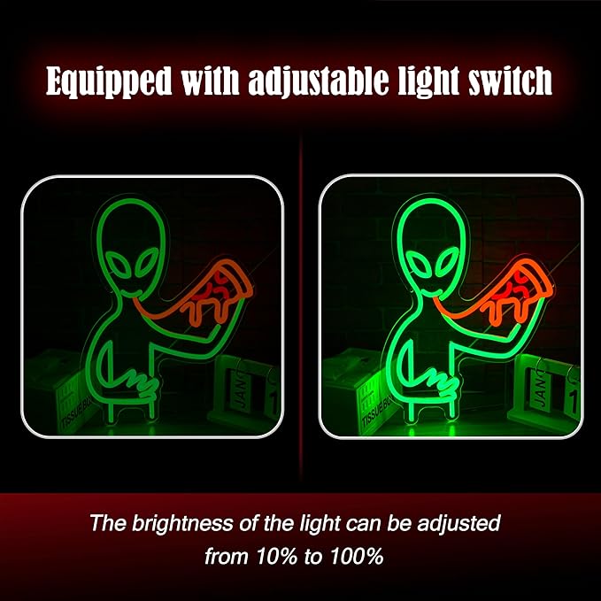 Alien Pizza Neon Sign Dimmable Cool Alien Neon Light Usb Powered Pizza Shop Light Up Sign Tasty Food Led Light Sign for Restaurant Party Bar Pub Man Cave Snack Shop Wall Decor(16.54*12.6 in)