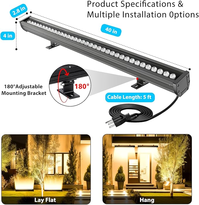 54W Outdoor LED Wall Washer Light, 40IN 6840LM 2700K Warm White Heavy Duty Aluminum LED Wall Washer Light Bar, 120V Waterproof IP67 Outdoor LED Light Bar for Patio Yard Garden, Plug in