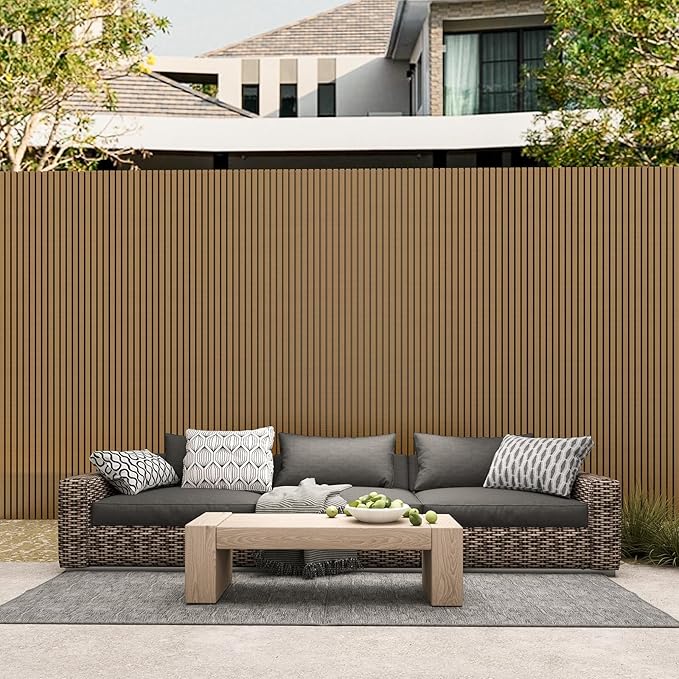 mondaria Wood Slat Wall Panel for Wall Décor, 3D Wood Plastic Composite Decorative Paneling for Outdoor Accent Wall Decor - 90.5 x 6.3 Inch(5 PCS, Teak)