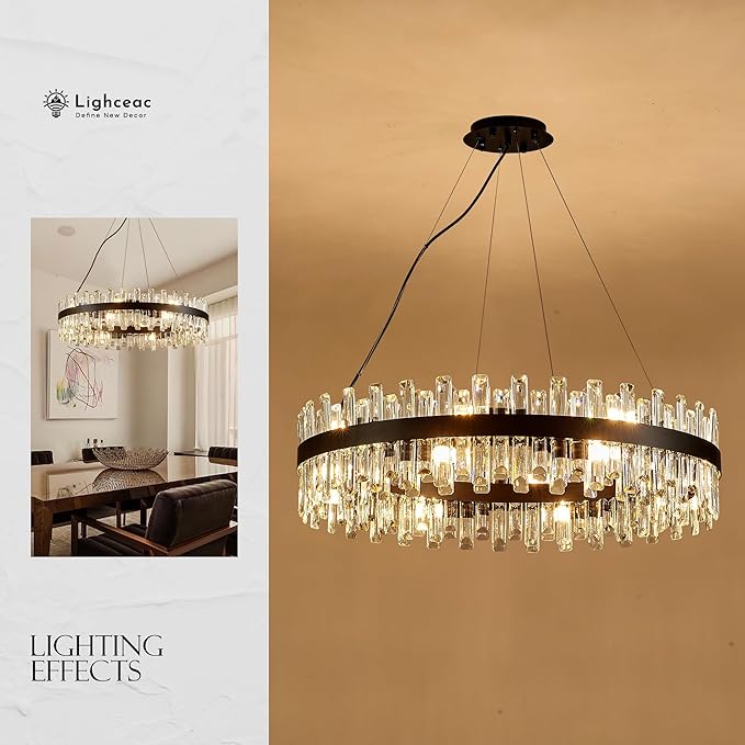 31.9" Black Modern Crystal Chandelier Light Fixtures Luxury 2 Ring Crystal Chandeliers for Dining Room 16-Light Round Hanging Pendant Lighting for Living Room Kitchen Island Entryway Bedroom