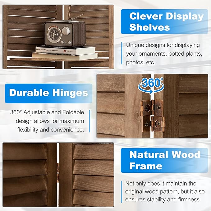 6 Panel Room Divider 5.6FT Louvered Design Room Dividers with Display Shelves Folding Privacy Screens Portable Freestanding Partition Wall Dividers for Bedroom & Office, Dark Brown