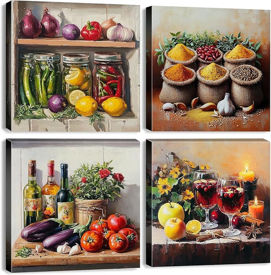 Kitchen Wall Decor Mason Jar Wall Art Spices Food Canvas Prints Kitchen Ingridients Picture Rustic Still Life Painting Vintage Healthy Vegetables Poster Artwork Dining Room Home Decoration 16x16" 4Pcs