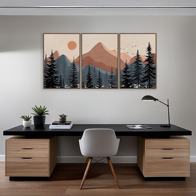 Boho Mountain Wall Art Framed Canvas Mid Century Nature Landscape Sunrise Theme Abstract Black Pines Tree Forest Wall Decor for Living Room, Bedroom, Office - 16x24 Inch, 3 Panels
