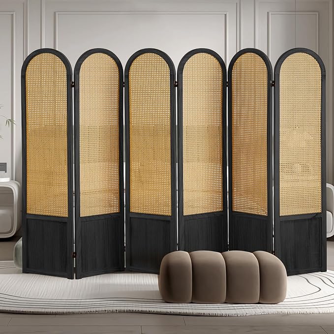 6 Panel Room Dividers and Folding Privacy Screens, Hand-Made Rattan Room Divider with Bi-Directional Hinge, Pre-Assembled Wood Room Divider Wall for Home Office Bedroom, Black