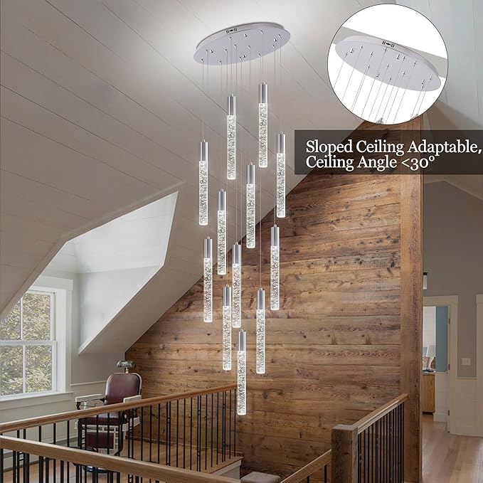 12-Lights High Ceiling Crystal Chandelier, Modern Large LED Raindrop Pendant Light Fixture 98.5" H Flush Mount Chandelier Chrome for Foyer Staircase Villa Living Room