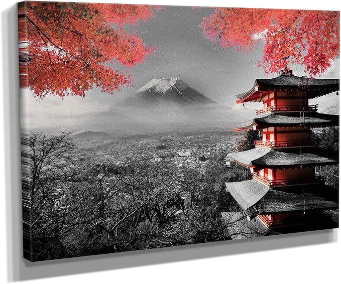 Japanese Temple in Autumn Black White Red Canvas Art Wall Art Home Decor (24in x 18in Gallery Wrapped)