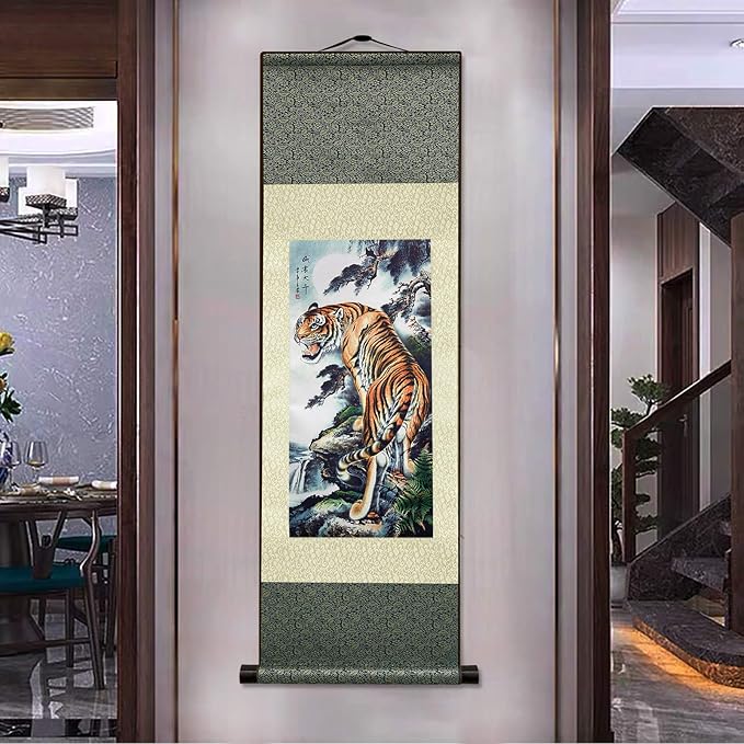 AtfArt Asian Wall Decor Beautiful Silk Scroll Painting Deterrence Tiger Oriental Decor Chinese Art Wall Scroll Wall Hanging Painting Scroll (36.2 x 12 in)