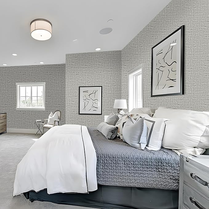 15.75"x590.6" Gray Grasscloth Wallpaper Peel and Stick Removable Textured Wall Paper Self Adhesive Contact Paper Faux Linen Cabinets Drawers Bookshelves Thickened Waterproof Shelf Vinyl Roll