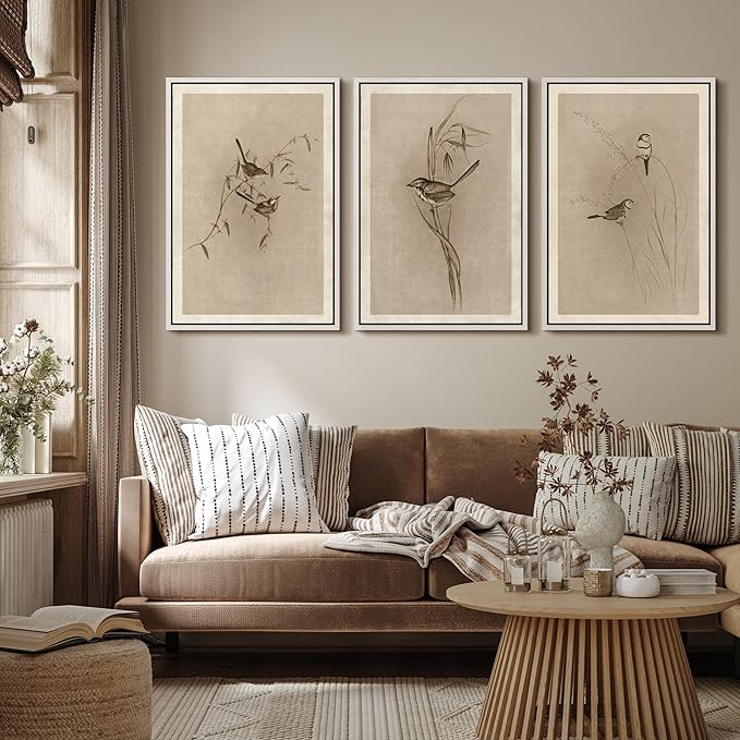 MUDECOR Framed Wall Art Print Set Vintage Bird Wheat Ear Illustrations Modern Art Boho Decorative Colorful Chic for Living Room, Bedroom, Office - 16"x24"x3 White