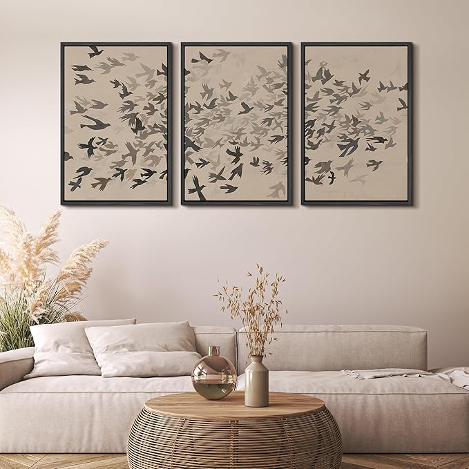 MUDECOR Framed Wall Art Print Set Minimalist Subtle Birds in Motion Illustrations Modern Art Boho Decorative Colorful Chic for Living Room, Bedroom, Office - 16"x24"x3 Black