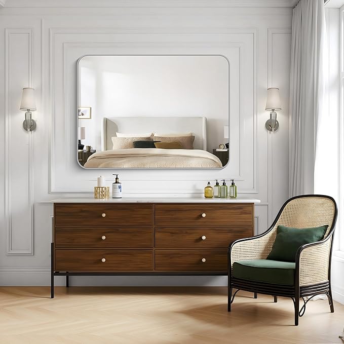 KOCUUY Silver Bathroom Mirror, 48x36 Inch Large Bathroom Mirror for Over Sink, HD Tempered Glass, Anti-Rust Brushed Silver Frame, Rounded Corner Modern Design for Bathroom, Hang Horizontal/Vertical