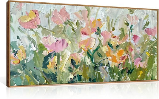CHDITB Floral Framed Canvas Wall Art, 20"X40" Watercolor Nature Wildflower Plant Textured Painting, Modern Flower Wall Decor, Large Floral Artwork for Kitchen, Bedroom, Office Living Room Wall Decor