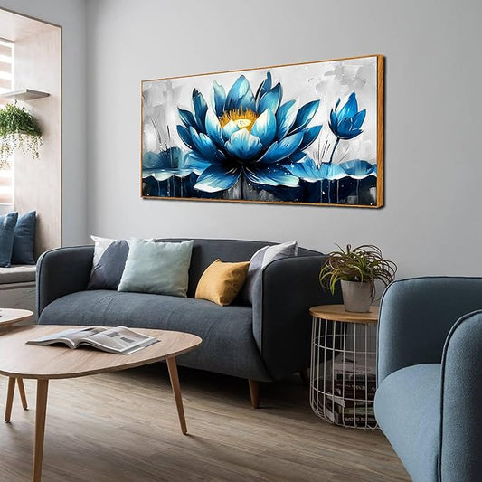 Ouzzlie Lotus Wall Art Blue Wall Decor Flower Painting Gray Canvas for Bedroom Modern Art 24" x 48"