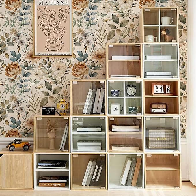 Beige Floral Wallpaper Self Adhesive Peel and Stick Cream Blooming Watercolor Vivid Botanical Leaf Contact Paper Removable Waterproof for Bedroom Renter Friendly 17.71"x236.2"