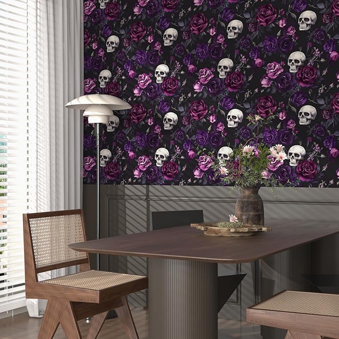 Black Floral Wallpaper Peel and Stick 17.4" x 118" Gothic Floral Vintage Sugar Skull Contact Paper Removable Self Adhesive Waterproof Covering for Cabinet Drawers Home Decor