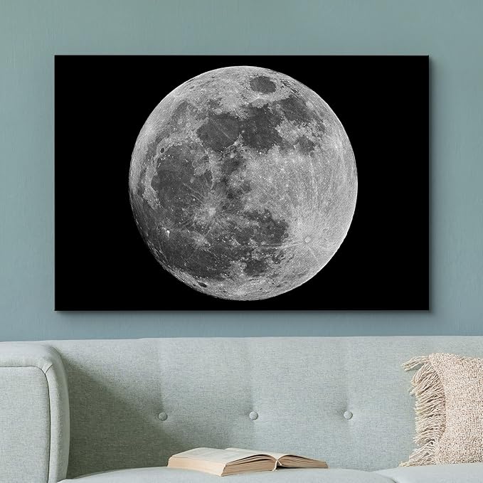 Canvas Prints Wall Art - Full Moon Against Black Universe Space | Modern Wall Decor/Home Art Stretched Gallery Canvas Wrap Giclee Print & Ready to Hang - 32" x 48"