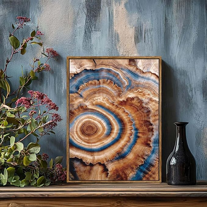 BingruiArt Framed Tree Ring Canvas Wall Art Abstract Wood Wall Decor Boho Modern Colorful Nature Painting Wood Stump Prints Pictures for Living Room Bedroom Bathroom Office 12"x16" Natural Framed(10)