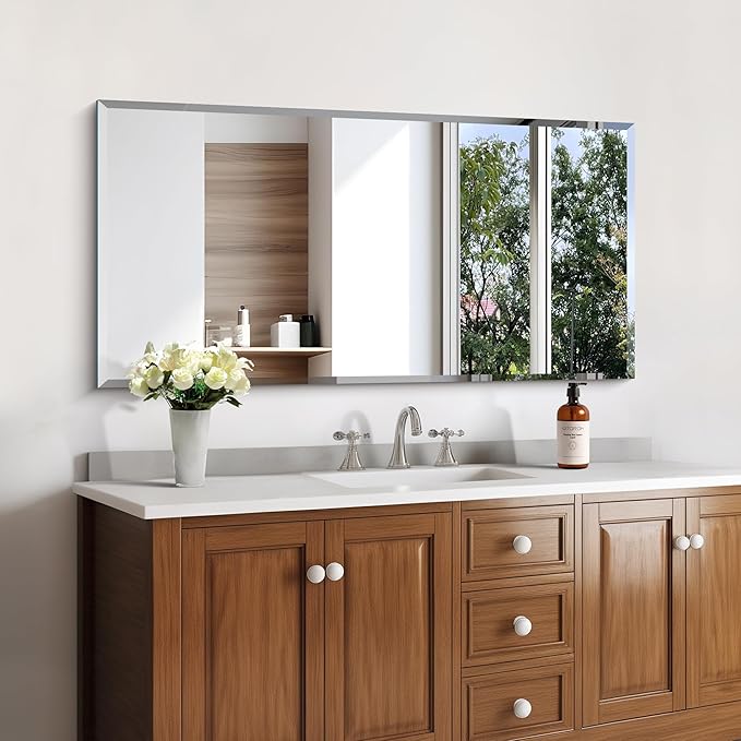 KOCUUY Beveled Mirror, 20x40 Inch Frameless Bathroom Mirror for Over Sink, Upgraded Shatterproof Beveled Unframed Design Mirror for Bathroom, Bedroom, Hang Horizontal/Vertical