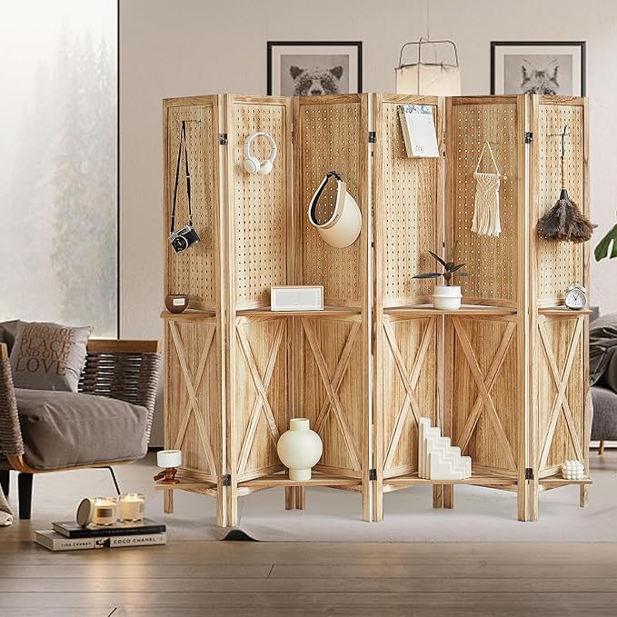 6 Panel Pegboard Room Divider with Shelves, Wood Room Divider and Folding Privacy Screen, Peg Board Display Stand Wall Divider for Room Separation for Craft Shows Events Retail, Natural