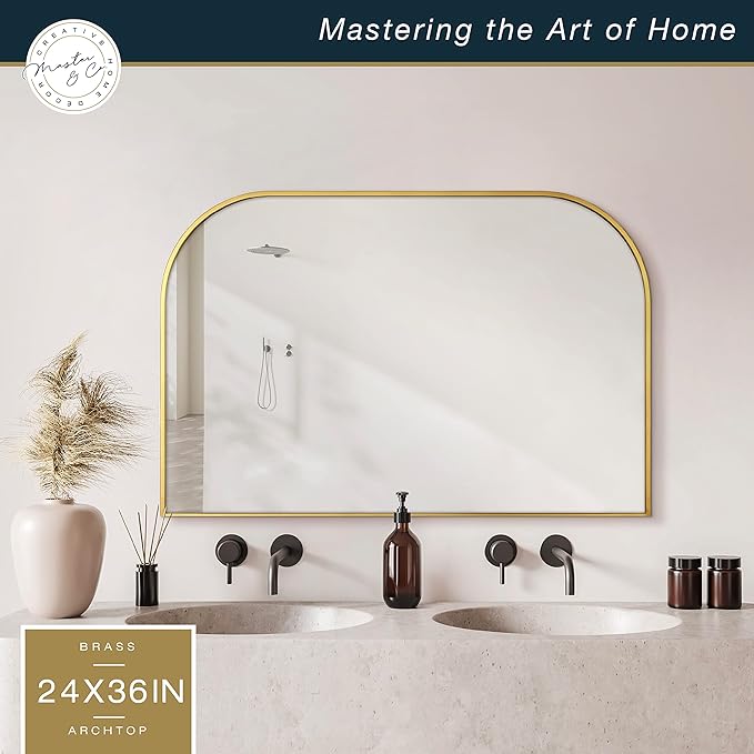 MCS Master & Co. Modern Metal Large Wall Mirror, Minimalist Home Decor Mantle Arch Mirror for Living Room, Bedroom, or Bathroom, 24 by 36 Inch, Brass