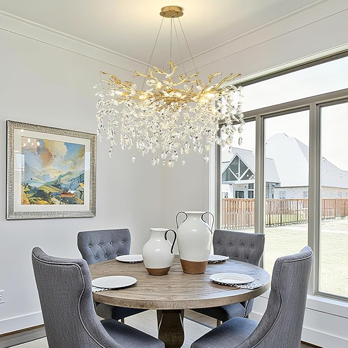Modern Gold Crystal Chandeliers 31.5" Luxury K9 Crystal Large Chandelier for Living Room Mid Century Tree Branch Chandelier Ceiling Pendant Lighting Fixture for Bedroom Kitchen Staircase