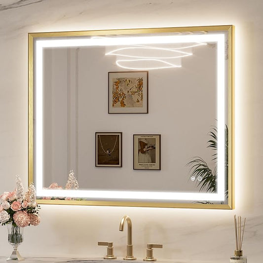 Keonjinn 40 x 32 Inch LED Mirror with Frontlit & Backlit, Gold Bathroom LED Mirror, HD Tempered Glass, UL Listed LED Driver, Aluminium Alloy Beveled Frame, 3000K/4500K/6000K, Safe Defogging, Dimmable