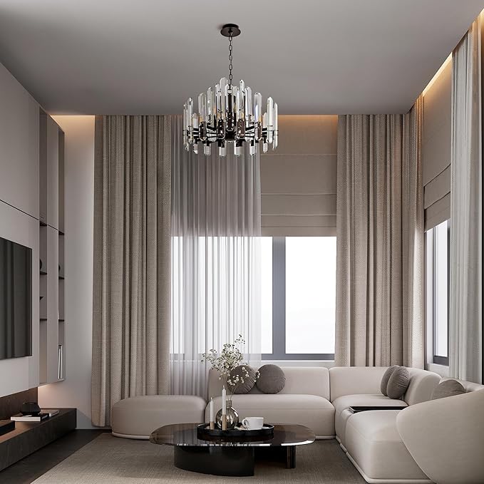 24" Black Chandelier, 12-Light Round Modern Crystal Chandelier for Dining Room, Luxury Adjustable Chain Chandeliers Pendant Light Fixture for Living Room, Bedroom, Foyer, Entryway, Kitchen