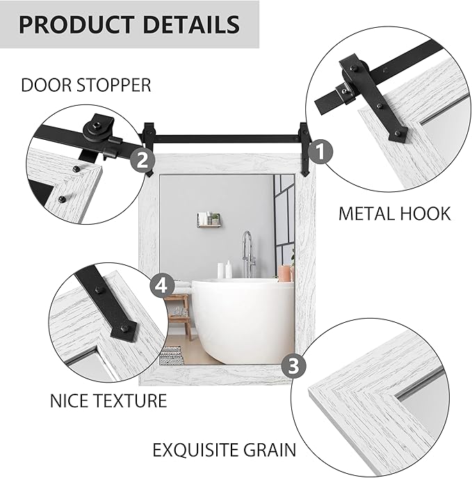 Bathroom Mirror for Over Sink 18”x24” Farmhouse Barn Door Mirror Rustic Wood Framed Wall Mirror for Bathroom, Bedroom, Entryway (White