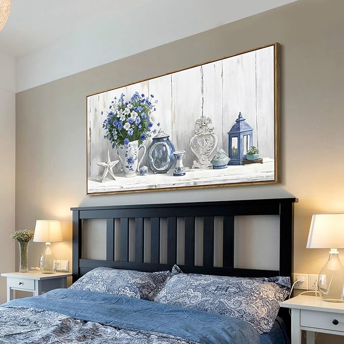 Nicetop Large Framed Artwork for Walls – Coastal Rustic Farmhouse Art Prints Blue and White Floral Canvas Art Vintage Country Shabby Chic Wall Picture for Living Room Bedroom Kitchen Dining 48x24 Inch