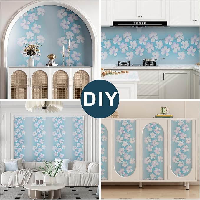 Blue Flora Peel and Stick Wallpaper 20.8"x394" Thick Slight Embossed Linen Textured Wall Paper Self-Adhesive Removable Wallpaper Vinyl Film Roll for Home Use(Blue Flora, 20.8"x394")