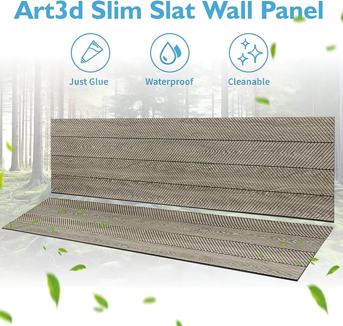 Art3d 4-Pack Glue-On Herringbone Wainscoting Panel for Interior Wall Decor - 104 x 12 Inch Polystyrene Ultralight Slim Slat Wall Panels for Living Room Bedroom, Ashtree
