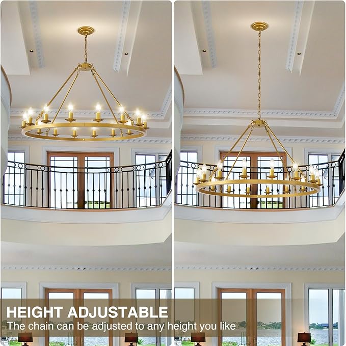 40in Gold Wagon Wheel Chandelier, 16 Light Farmhouse Large Chandelier Round Modern Rustic Industrial Adjustable Height for High Ceiling Living Room, Entryways, Foyer, Staircases, Dining Room