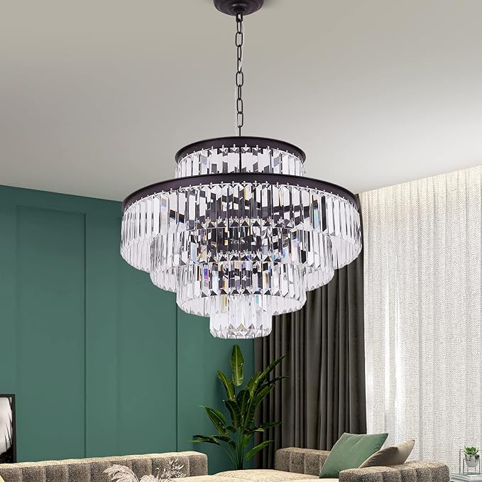 24" Oil Brown Crystal Chandelier, Modern 5-Tier Ceiling Light with Clear Crystal Prisms, Luxury Pendant Lighting for Dining Room Entryway