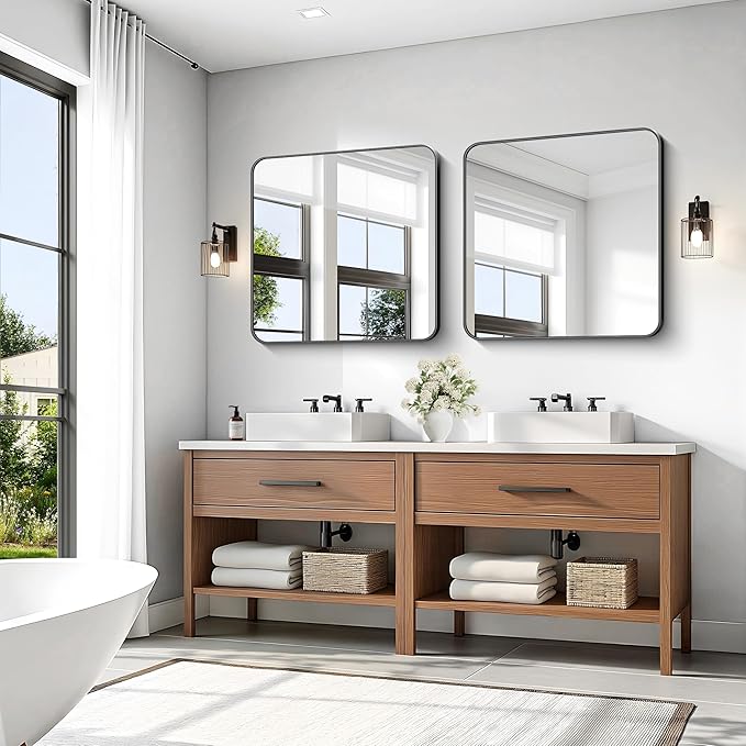 KOCUUY Bathroom Mirror 30"x30", Black Square Mirrors for Over Sink, Modern Vanity Mirror with Rounded Corner Metal Frame, Shatterproof Designed Wall Mirror for Bedroom, Living Room, Entryway