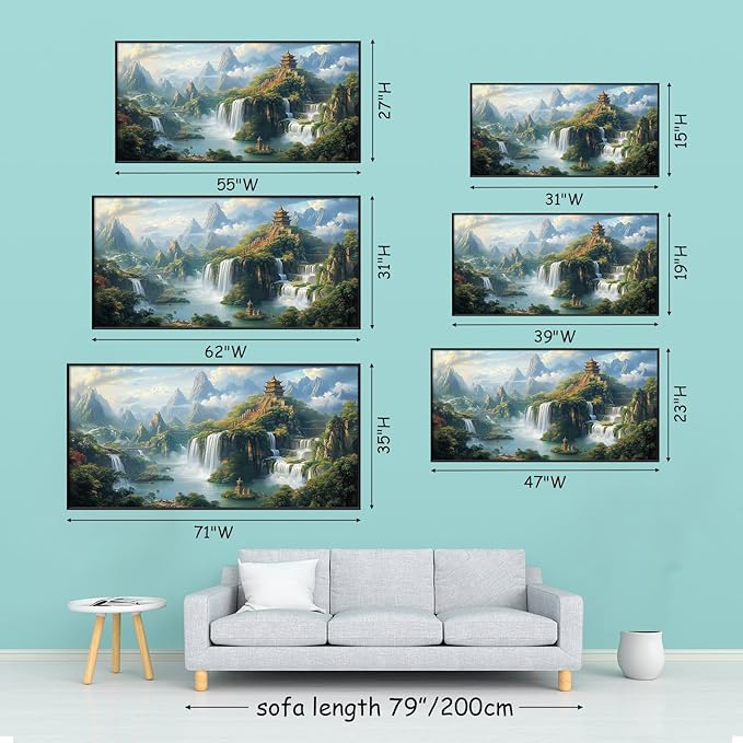 Cadeali Fantasy Waterfall Canvas Art, Japanese Temple Landscape, Buddhist Architecture, Living Room Wall Decor (Gold Framed, 47"x23")