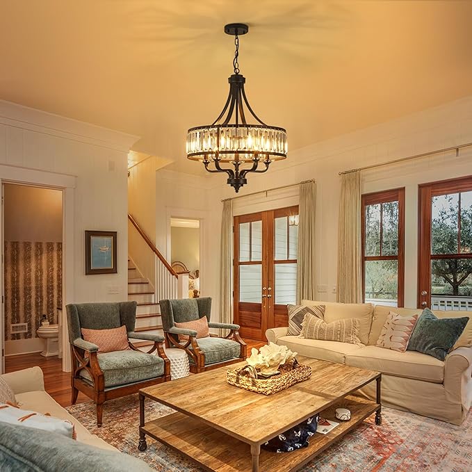 Modern Black Crystal Chandelier,5-Light Farmhouse Dining Room Light Fixture Over Table Adjustable Height Hanging Industrial Pendant Lights Kitchen Island,Living Room Kitchen Island Entryway