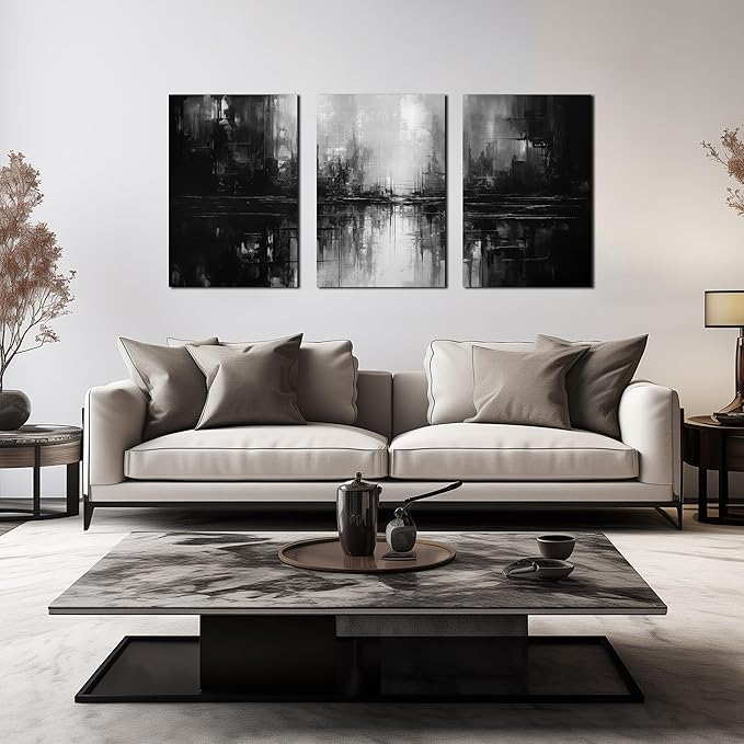 Large Abstract Canvas Wall Art for Living Room,Black and White Pictures Wall Art for Bedroom 16 x 24 Inch x 3 Pieces