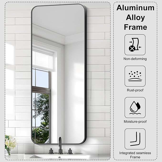 KOCUUY Black Rectangle Mirror, 20" x 48" Metal Frame Mirror with Rounded Corner, Classic Design of Upgraded Shatterproof Glass for Bathroom, Bedroom, Living Room, Entryway