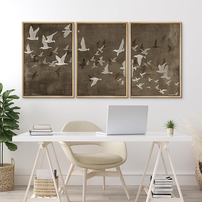 MUDECOR Framed Wall Art Print Set Flock of Abstract Birds in Flight Earthy Tones Illustrations Modern Art Boho Decorative Colorful Chic for Living Room, Bedroom, Office - 16"x24"x3 Natural