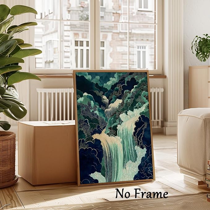 Mountain River Wall Art Japanese Waterfall Painting Abstract Forest Art Poster Blue And Green Abstract Canvas Japanese Style Print Blue And Green Landscape Wall Art Waterfall Artwork 16x24in No Frame