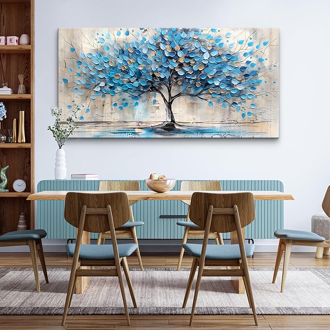 Lapremoly Large Wall Art For Living Room Framed Wall Decor For Bedroom Office Decor Textured Abstract Wall Pictures Artwork Blue Tree Painting Panoramic Landscape Prints Home Decorations 30x60 In