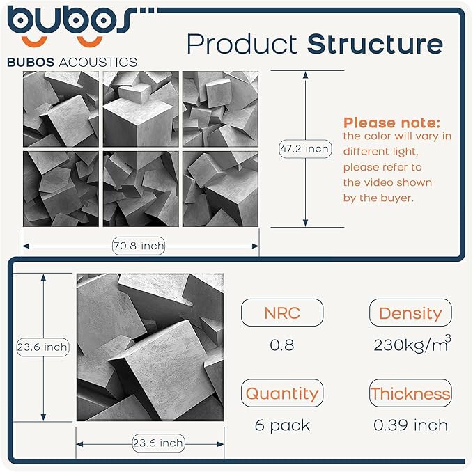 BUBOS 6 Pack Art Acoustic Panels Soundproof Wall Panel,70.8X47.2 Inches Large Sound Absorbing Panel,Self-Adhesive Decorative Acoustical Wall Panels, Acoustic Treatment for Home Office（Silent Blocks）